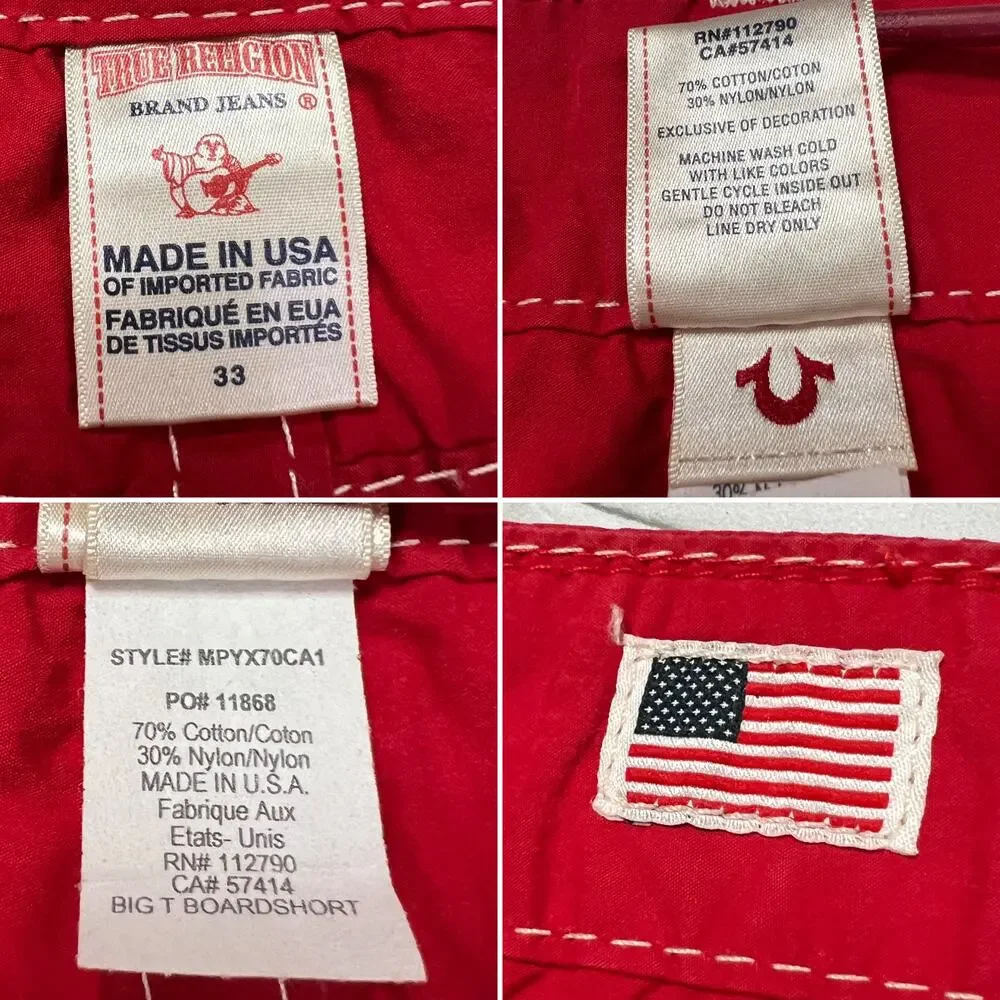 True Religion Big T Boardshort SIZE 33 Red White Stitch Cotton Swim Shorts EUC